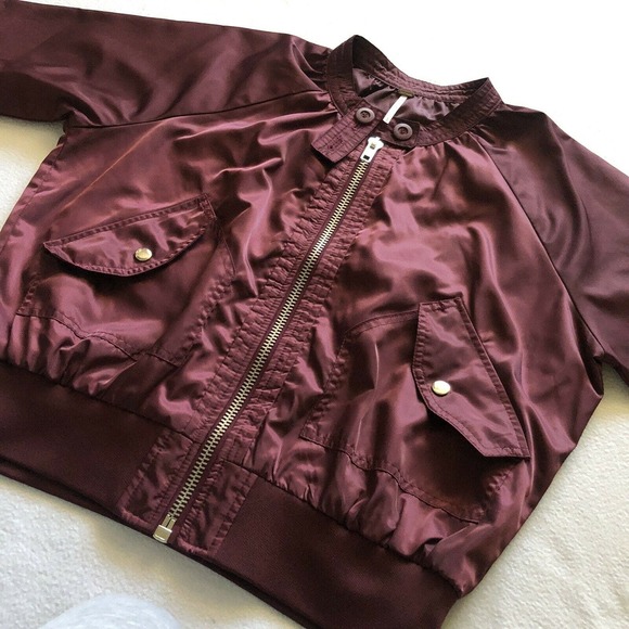 Free People Women Satin Midnight Bomber Full Zip Jacket Maroon Burgundy Red S - Picture 3 of 12